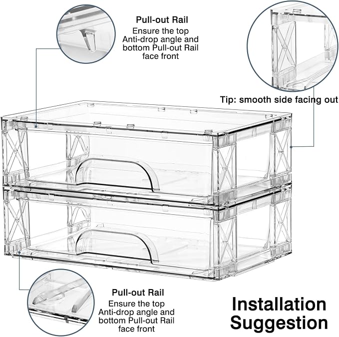 Clear Stackable Storage Drawers 2 Pack 3.5in Organizer Plastic Bins | Clear Plastic, Pull-Out Drawers, Easy Assembly, Stackable Design, for Cosmetics Bathroom Kitchen and Cabinet Storage - Image 4