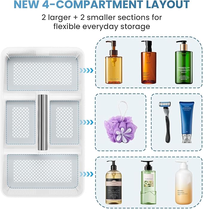 BYUNER Plastic Shower Caddy Dorm: Portable Shower Basket Tote with Handle, 4 Compartments, All-Side Drainage, Hard Bathroom & Cleaning Caddy Organizer for college Dorm Room Essentials, White/Silver - Image 6
