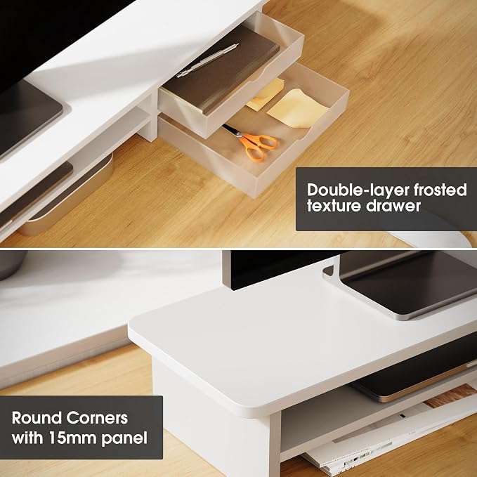 Fenge Monitor Stand, Desk Computer Riser with Frosted Storage Drawer, White | 42.5 Inch Dual Monitor Riser, 2 Tiers, Cable Management, Desk Shelf for 2 Monitors, Ultrawide Screen, Laptop, TV, Home Office - Image 4