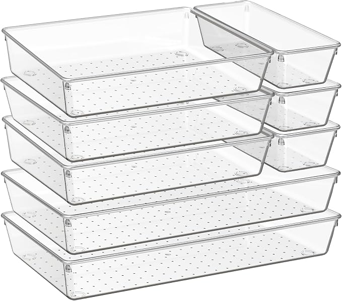 8 Pack Drawer Organizer for Kitchen Gadgets, Large Clear Plastic Drawer Divider for Kitchen Accessories, Bathroom Organizers and Storage, Home Essentials for Makeup and Vanity Accessories by Criusia