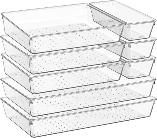 8 Pack Drawer Organizer for Kitchen Gadgets, Large Clear Plastic Drawer Divider for Kitchen Accessories, Bathroom Organizers and Storage, Home Essentials for Makeup and Vanity Accessories by Criusia