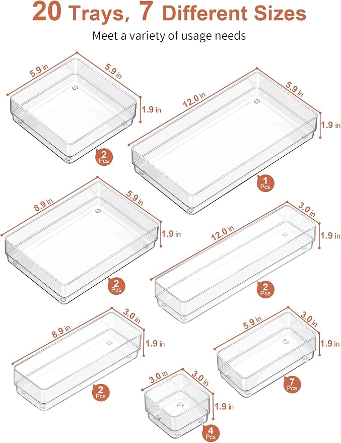 SMARTAKE 20-Piece Drawer Organizer with Non-Slip Silicone Pads, 7-Size | Desk Drawer Organizer Trays Storage Tray for Makeup, Jewelries, Utensils in Bedroom Dresser, Office and Kitchen (Clear) - Image 2
