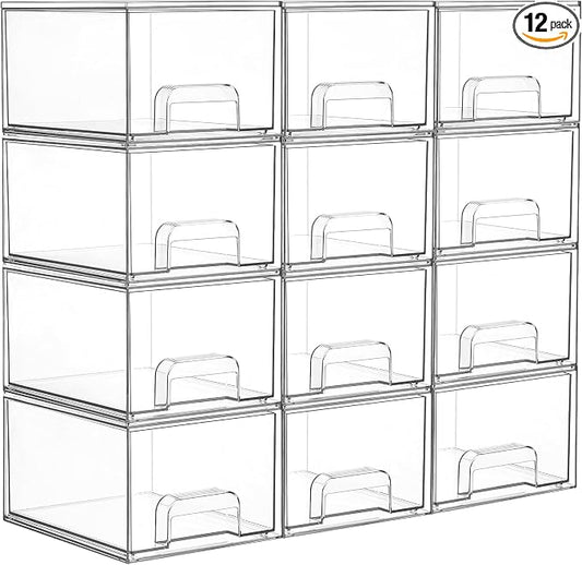 Vtopmart 12 Pack Small Clear Stackable Storage Drawers | Plastic Bins, Bathroom Makeup Organizer, For Vanity, Undersink, Kitchen Cabinets, Pantry, Home Organization by Vtopmart