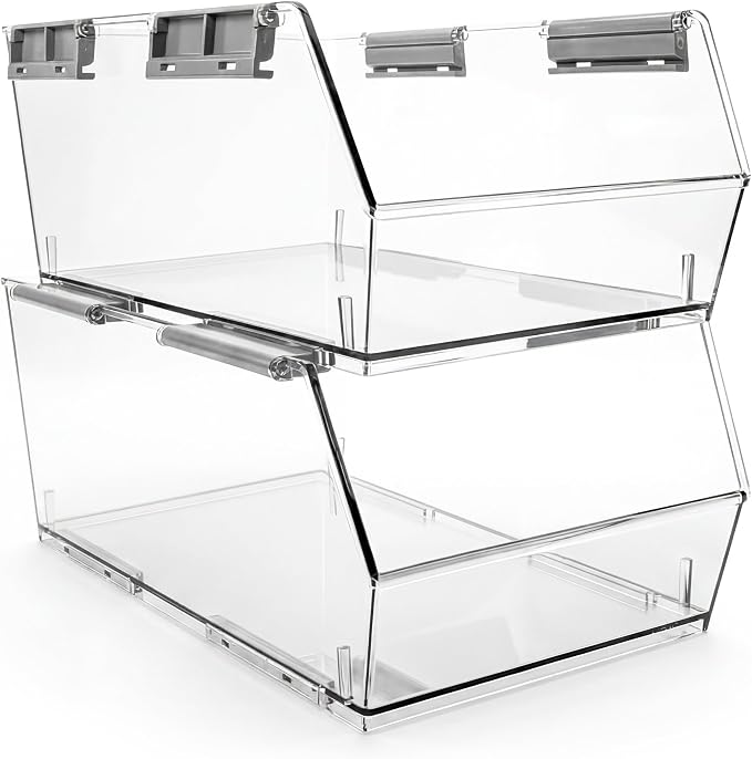 HOMESTEAD Set of 2 Large Stackable Storage Bins, Clear Plastic Organizer Bins, Open Front Design for Kitchen Pantry, Fridge, Cabinet, Bathroom and Cabinet Organization by Homestead