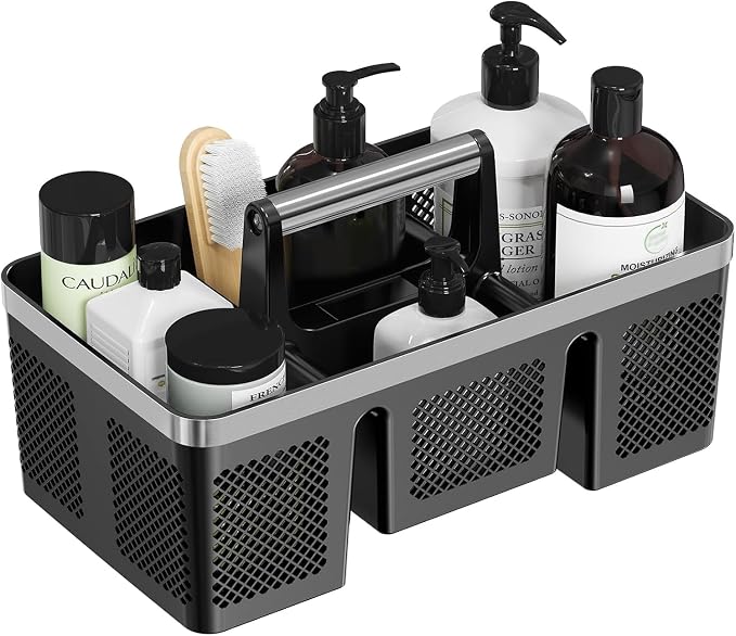 BYUNER Plastic Shower Caddy Dorm: Portable Cleaning & Shower Caddy with Handle, 4 Divided Compartments, All-Side Drainage, Rigid Plastic Basket Tote for College Dorm & Bathroom Use, Black/Silver by MakesYourHomeMoreOrganized