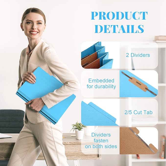 Skyygemm 24 Pcs Classification Folders Letter Size Bulk - 2 Dividers Pressboard File Folder with 3. 5 Inch Expansion, 2 Prongs Fastener, Heavy Duty Office File Organizer for Teacher Medical (Blue) - Image 3