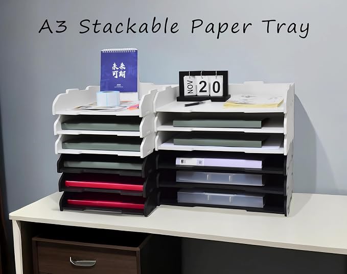 18.31" W × 12.68" D × 8.66" H Large Capacity Desktop File Organizer, Sturdy Stackable Wood Paper Sorter, Premium Letter Document Mail Storage Holder – Black & White（3 Tier-Horizontal） - Image 7