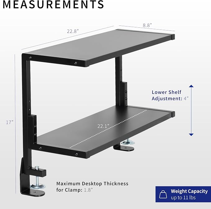 VIVO Black Clamp-on 24 inch 2-Tier Desk Shelf, STAND-SHELF24C | Above or Below Desk, 2 Level Shelving Unit for Table Accessories, Gaming Devices, and More, Storage Tray, Desktop Organizer - Image 3