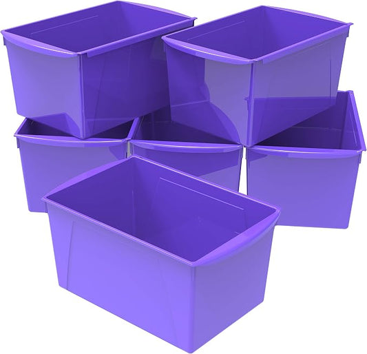 Storex Extra-Large Book Bin, Interlocking Plastic Organizer for Home, Office and Classroom, Purple, 6-Pack (71136U06C) by Storex
