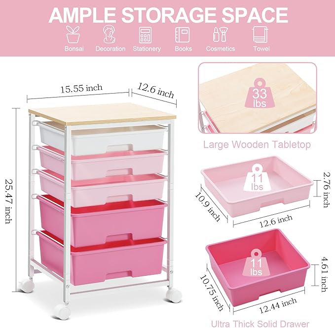 SYKIARIOL Utility Cart with Drawers,5 Drawers Storage Cart,Rose Pink | 5-Tiers Drawer Cart with Wooden Top with Lockable Wheels for Craft Organizers and Storage,Home Office,Classroom,Dorm,Playroom - Image 3