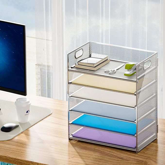 Marbrasse Paper Letter Tray - 6 Tier Mesh File Organizer with Handle, Paper Sorter for Letter/A4 Office File Folder Holder - Silver - Image 6