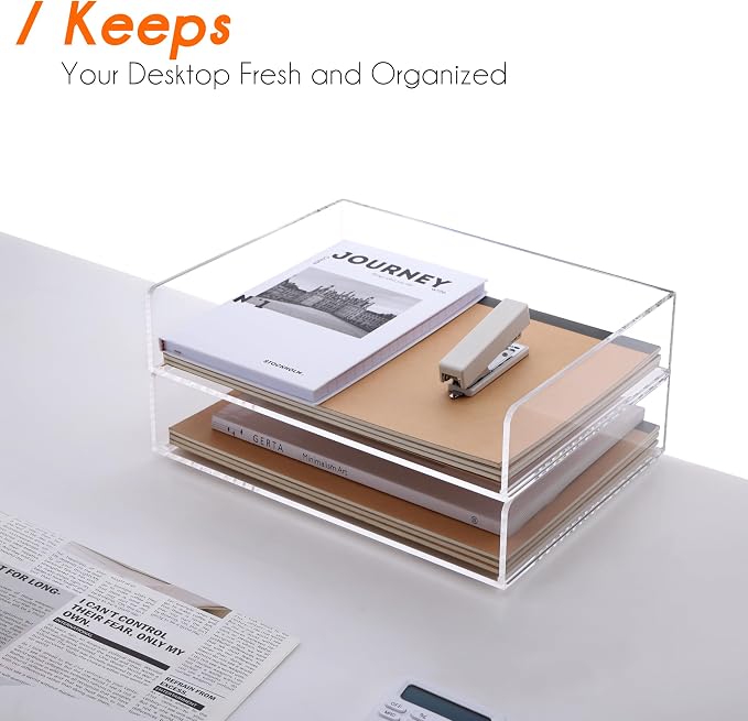 HeZone Paper Organizer, 2 Tier Stackable A4 Size Acrylic Letter Tray, Office/Home/School Organization - Clear - Image 4