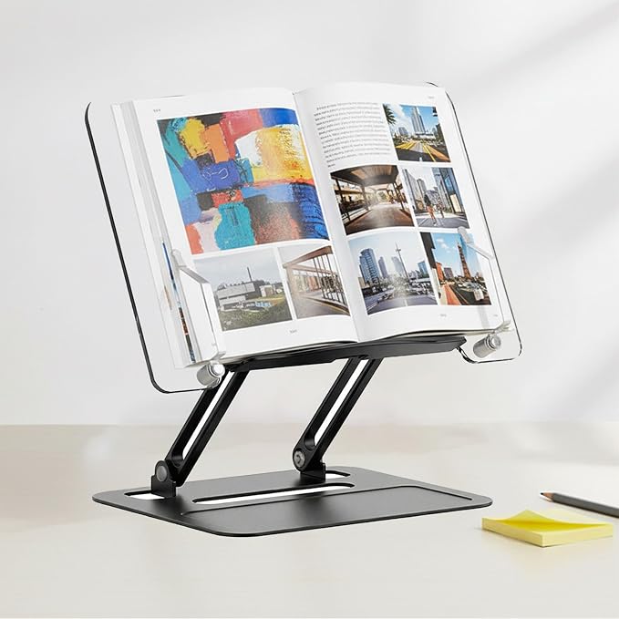 Acrylic Adjustable Book Stand, Reading Stand with Lift Design, High-Density Alloy Desktop Document Holder for Document Recipe, Cookbook, Music Book (Black) by HomDSim