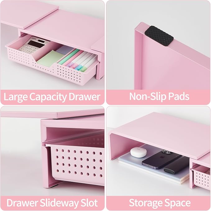 LEKETREE Dual Monitor Stand Riser with Drawer, Desk Organizer and Accessories, Pink Monitor Stand for Desk, Desktop Stand for Computer, Laptop, TV and More (Pink) - Image 6
