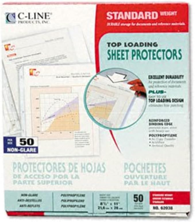 C-Line Top Loading Standard Weight Poly Sheet Protectors, Non-Glare, 8.5 x 11 Inches, 50 per Box (62038) by C-Line