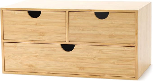 Bamboo Desk Organizer with Drawers, 3-Drawer Desktop Storage Box | 3 Drawers Open Top Tray Fully Assembled Stores Pens, Notes, Makeup, Jewelry & Toiletries for Office, Vanity & Bath by Wisuce