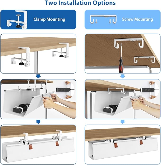 Zilink Under Desk Cable Management 30" No Drill Desk Cable Management Tray Clamp/Screw Mount Cable Tray Sturdy Waterproof Fabric Cord Organizer for Office, Home, White - Image 2