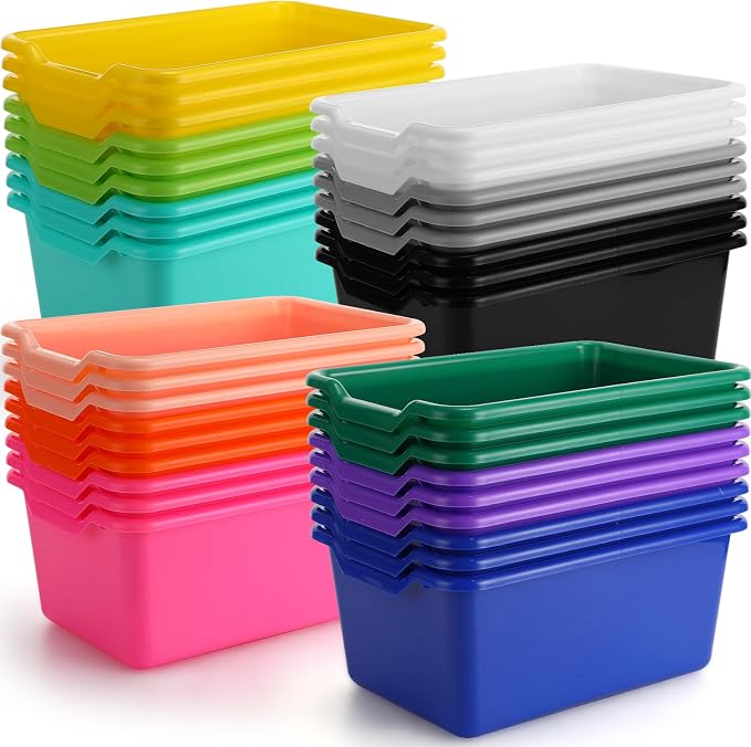 36 Pcs Plastic Book Bins for Classroom Library Colorful Scoop Front Cubby Bins Stackable Toy Storage Containers with Handles for School Home Office Nursery Daycare (Bright Color) by Dandat