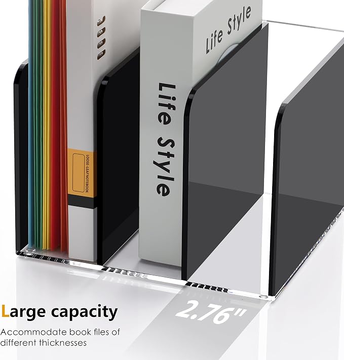 SANRUI Black Acrylic Magazine File Holder Desktap Organizer Folder Sorters | Clear Workspace Document Rack, Bookend File Office Accessories Organization Storage, 3 Vertical Compartments - Image 6