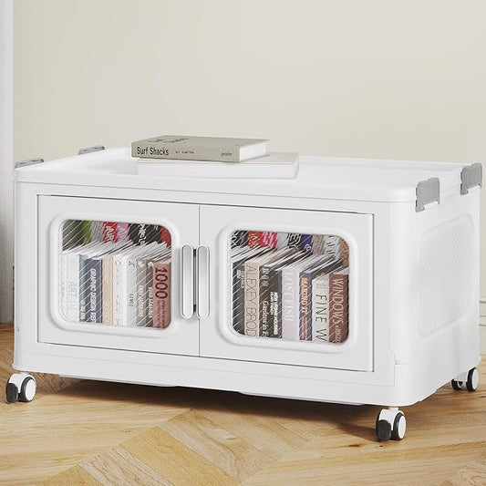 BROVIEW 50 Qt/12.5 Gal Stackable Storage Bins with Lids, 1 Pack, White | Small Stackable Storage Boxes w/ 1 Lid Folding Plastic Cart Organizer for Home Kitchen, Open Front Clear Door with Wheels by BROVIEW-EnjoytheArtofLife