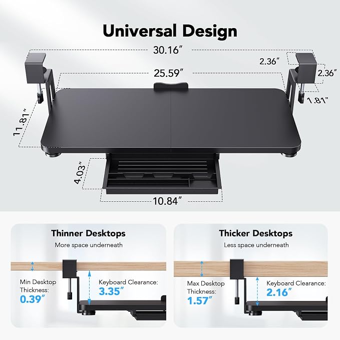 HUANUO Large Under Desk Keyboard Tray with Sturdy C-Clamp Mount, 26 (30.16" Including Clamps) x 12 inch Slide-Out Platform Computer Desk Heavy Duty Keyboard Tray with Storage Drawer for Typing, Black - Image 3