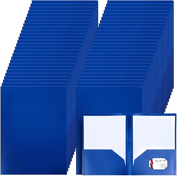 Patelai 50 Pack Plastic Folders with Pocket Bulk 2 Pocket Heavy Duty Letter Size Folders Business Card Holder for School Office File(Blue) by Patelai