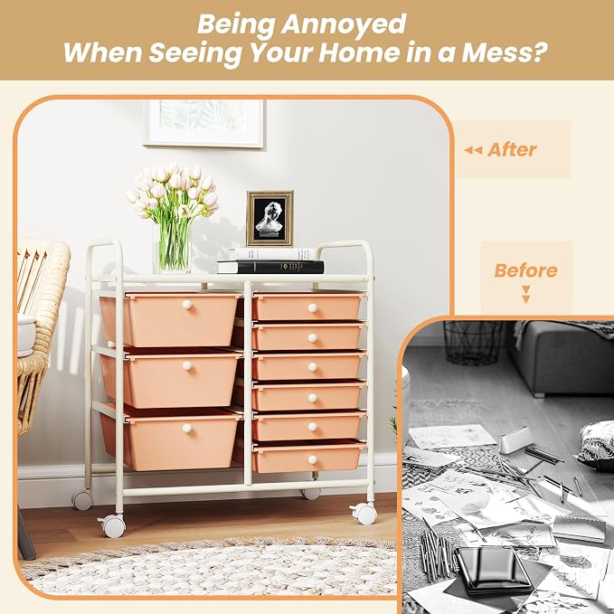 COSTWAY Rolling Storage Cart with 9 Drawer, Utility Cart with Metal Frame | Mobile Art Supply Craft Organizer, Multipurpose Storage Organizer for Paper, Office, School Teacher, Classroom, Peach - Image 6
