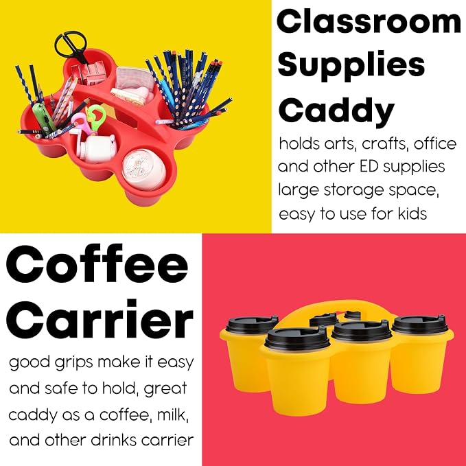 ALINK 6 Pack Classroom Caddy Storage Basket with Handle, Plastic Drink Cup Caddy Holder, 6 Compartments for Kids, Table, Office, Arts, Crafts, Crayon, Marker, Pencil, School Supplies - Assorted Colors - Image 4