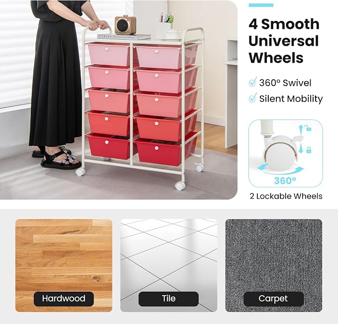 Moccha 10-Drawer Rolling Storage Cart - Under Desk Storage Drawers with wheels for Craft Art Supply Paper Salon, Scrapbook Paper Tools, Mobile Utility Cart for Classroom, Gradient Pink - Image 6