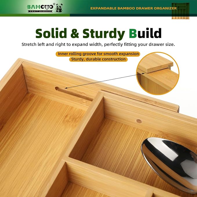 BAMOTTO CRAFTBAMBOO Expandable Bamboo Drawer Organizer for Kitchen, 8 Slot | Silverware & Cutlery Tray | Utensil Holder | 12.8"–20" Adjustable | Office & Bathroom | Flatware Organizer - Image 3