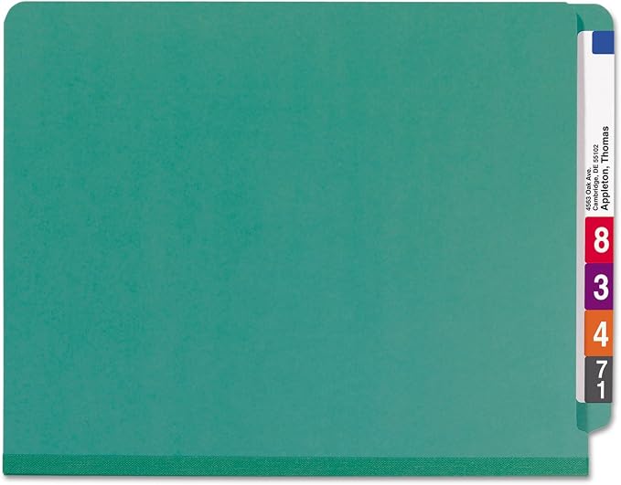Smead 100% Recycled End Tab Pressboard Classification File Folder with SafeSHIELD Fasteners, 2 Dividers, 2" Expansion, Letter Size, Green, 10 per Box (26785) - Image 3