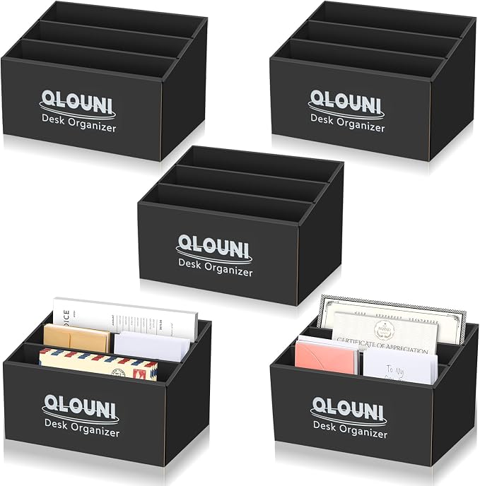 5 Pack Desktop Mail Organizer, 3-Compartment Stepped Mail Sorter for Desk, Letter Holder for Bills, Envelopes, Papers and Documents, Home Office, Reception, Entryway and Countertop, Dorms by QLOUNI