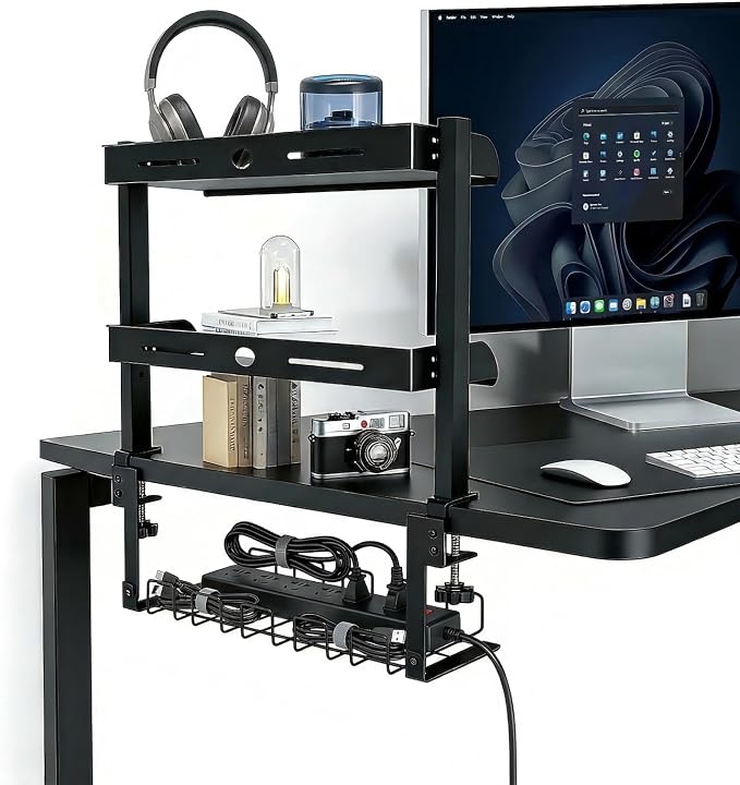 Clamp On Desk Shelf, 17'' 2-Tier Desktop Organizer Shelf with Under-Desk Hidden Storage Basket, Heavy-Duty Desk Shelves for Top of Desk, Space-Saving Desk Storage for Home Office Gaming Setup (Black) by Unknown