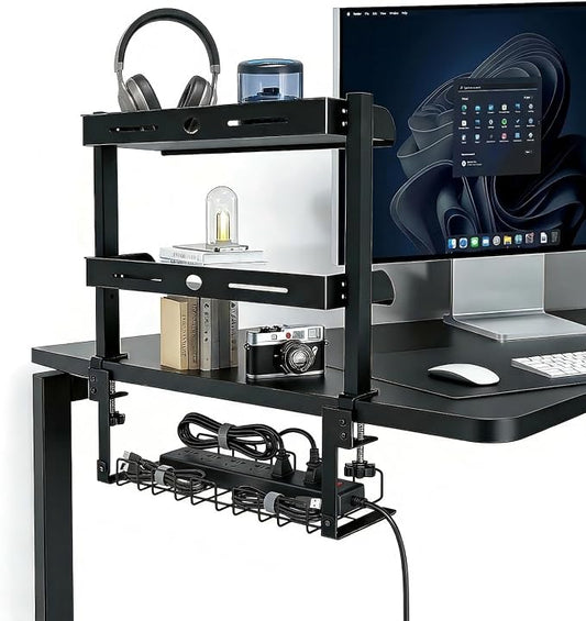 Clamp On Desk Shelf, 17'' 2-Tier Desktop Organizer Shelf with Under-Desk Hidden Storage Basket, Heavy-Duty Desk Shelves for Top of Desk, Space-Saving Desk Storage for Home Office Gaming Setup (Black) by Unknown