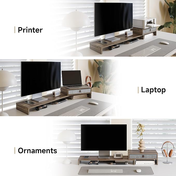 Fenge Triple Monitor Stand with Srorage Drawer, Adjustable Length and Angle | Computer Monitor Riser for 2 or 3 Monitors, Wooden Desktop Laptop Stand, Office Organizer for PC, Screen, Tablet, Brown - Image 8