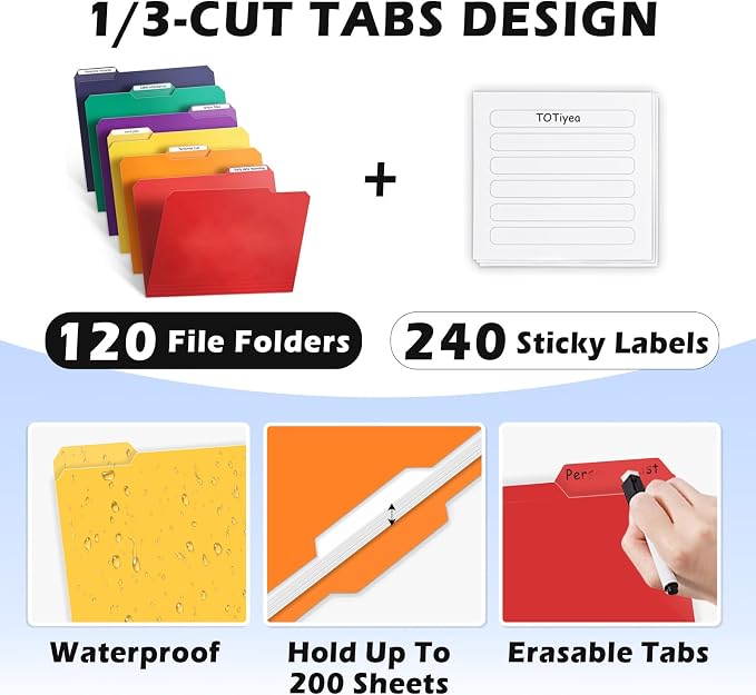 TOTiyea Heavy Duty Plastic File Folders with Tabs 14mil 120PACK Letter Size | Colored Poly File Folders with Strong Sticky Labels, Expandable Manila, for Hanging File System Office School Organization - Image 7