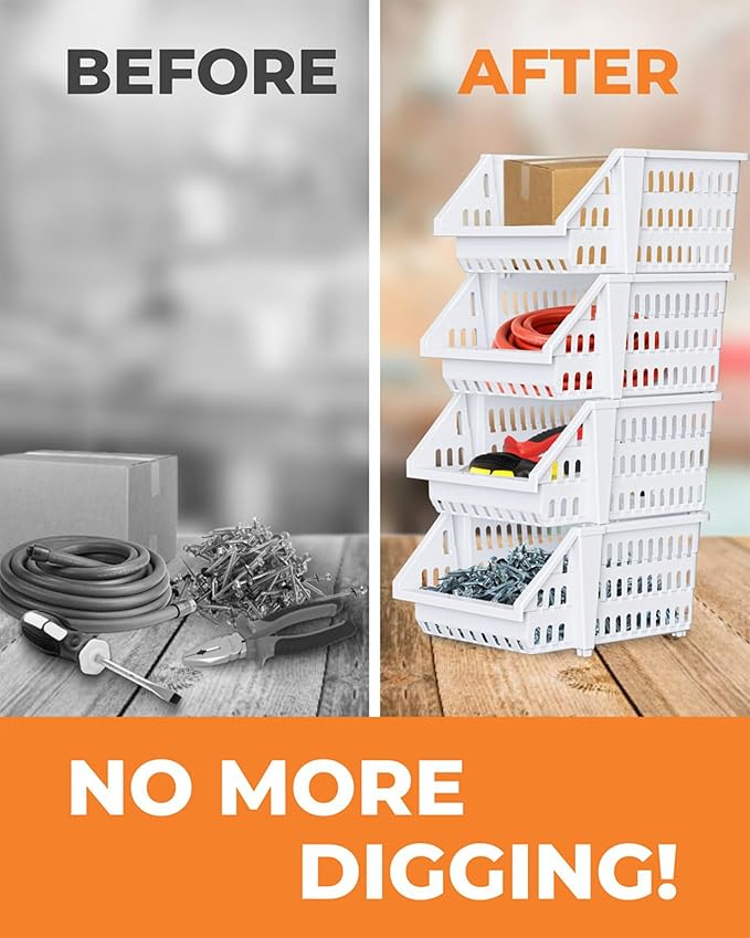 Small Stackable Storage Bins Open Front for Pantry Storage, 8 Pack - White | Sturdy Plastic, Easy Stacking, Open Front Access, Ventilated Sides, Vertical & Space Saving Pantry Organizers and Storage Bin - Image 5