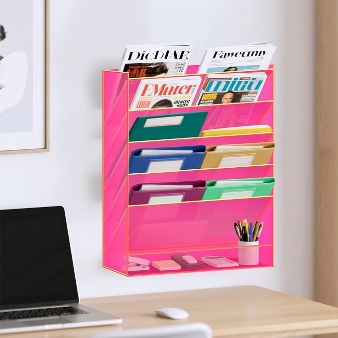 Gelite Hanging File Organizer Acrylic Wall File Holder for Office Vertical Paper Organizer Wall Mounted Magazine Rack, 5 Pockets, Neon Pink - Image 5
