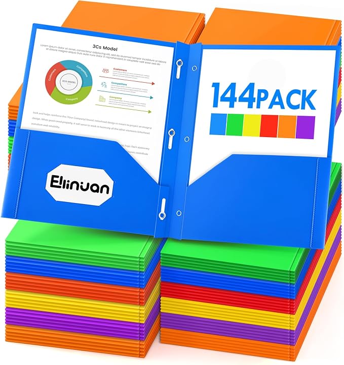 Ellinjan 144 Pack Plastic Folders with Pockets and Prongs, 2 Pocket Folders with Brads, Heavy Duty Bulk Folders in 6 Colors, Letter Size for School Office Supplies by WelcometoEllinjan%EF%BC%81