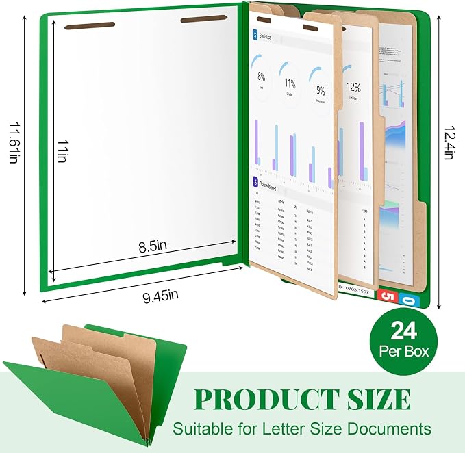 Skyygemm 24 Pack Classification Folders, Letter Size,3 Dividers,Green | Pressboard File Folders, 2 Prong Fasteners, 3" Expanding, Manila, End Tab, for Office School Legal Records Medical - Image 2
