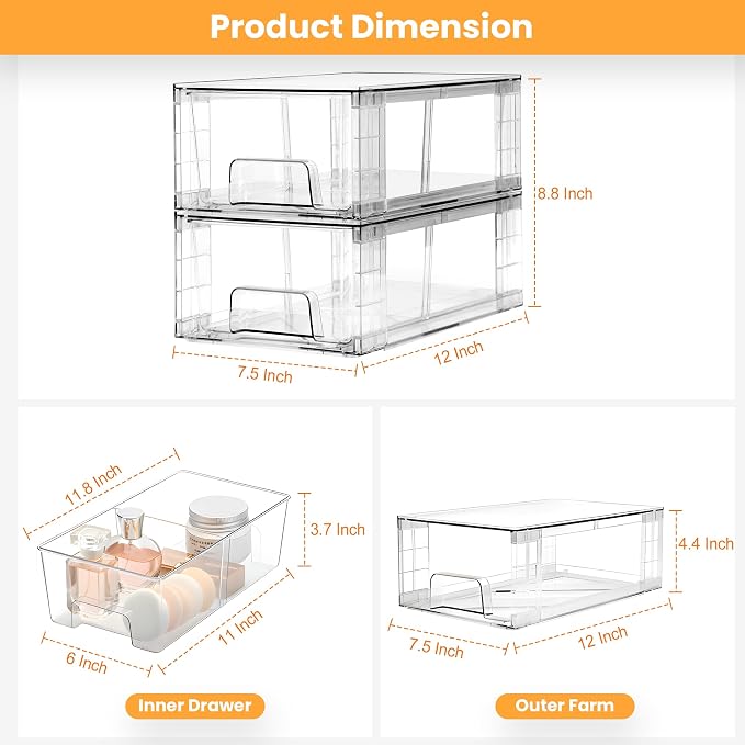 6 Pack Stackable Storage Drawers,Plastic Organizers Bins, Drawers Storage with Handles and Movable Dividers for Organization and Storage in Fridge,Bathroom, Pantry, Kitchen Cabinets, Under Sink - Image 2