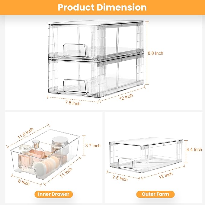 4 Pack Stackable Storage Drawers with Handles, Easy Assembly Clear Acrylic Fridge Organizer, Refrigerator Organizers and Storage for Kitchen, Under Sink, Pantry, Bathroom - Image 2
