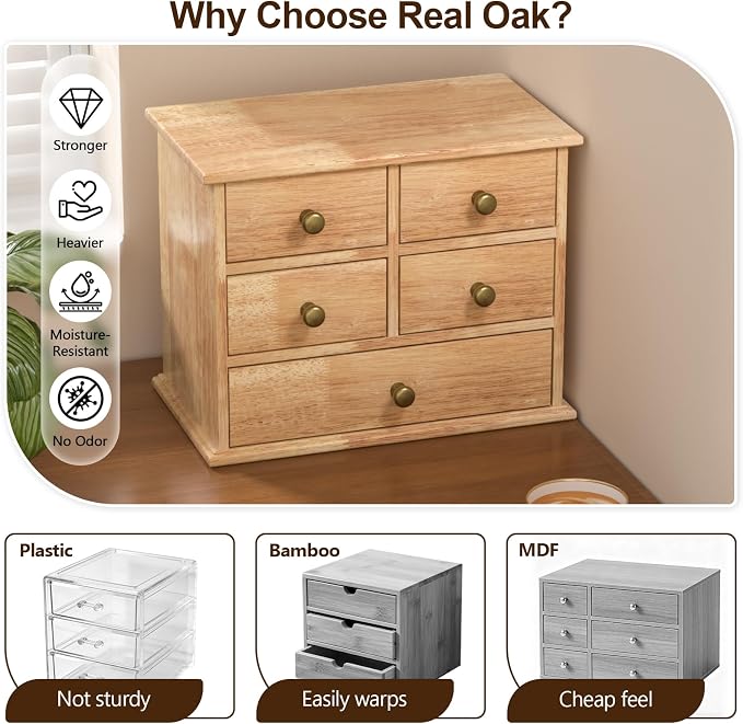 Oak Desk Organizer with Drawers, Durable Wooden Desktop Storage Box | 5 Drawer Tabletop Organizer with Metal Handle & Non-Slip Pad for Office, Bedroom, Bathroom, Vanity, Makeup, Light Burnt Brown - Image 3