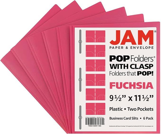 JAM PAPER Plastic Color POP Folders - 2 Pocket Durable Folders with Metal Prongs Fastener Clasps - Fuchsia Hot Pink - 6/Pack - Image 6
