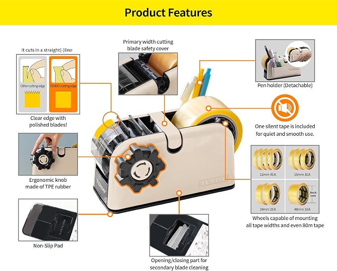 [TENDO°] TENDO Multi-Section Tape Dispenser, Custom Width Tape Cutter with 4 Cutting Sections, Built-in Safety Blade, Ergonomic Grip for Packing and Office Use, ZO-508(Beige) - Image 3
