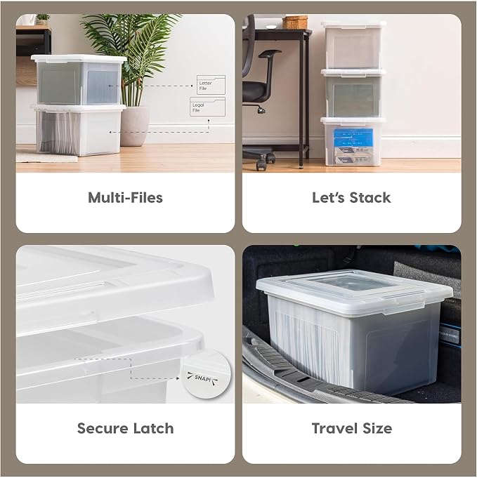 IRIS USA File Box, Plastic File Organizer with Lids for Letter/Legal File, Portable Document Box For Moving, Storage Bin with Durable and Secure Lid, Stackable Nestable BPA-Free, Clear 35 Qt. 8 Pack | Portable Moving Box, Stackable and Secure Storage, ... - Image 3