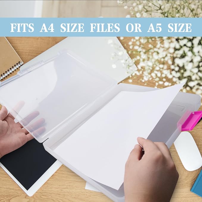 12 Pcs Clear A4 A5 File Box Document Plastic Storage Box with 48 Labels File Holder Organizer Paper Plastic Case Magazine Protector with Buckle Office School Supplies(Pink) - Image 4