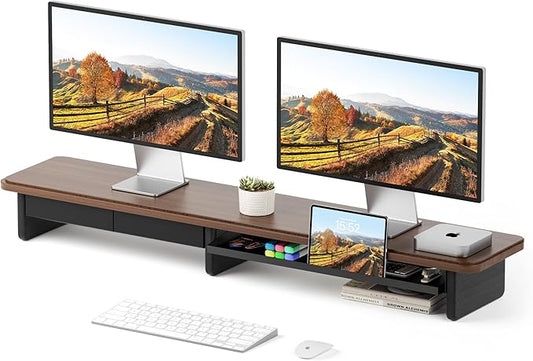 AFOOYO Large Dual Monitor Stand For Desk,43 Inch Desktop Computer Riser with Metal Drawer Desk Shelf Organizer For Computer/Laptop/PC/Printer/TV by AFOOYO