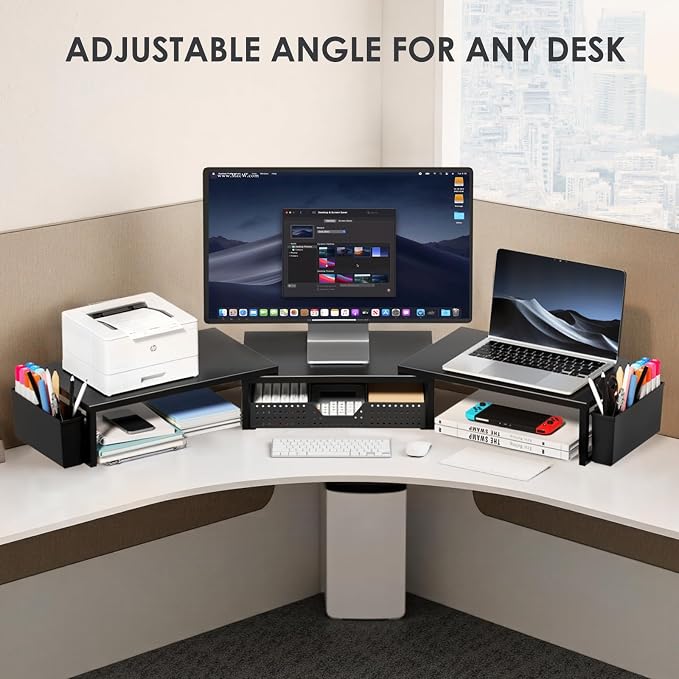 Desk Organizers and Accessories, Dual Monitor Stand Riser with Drawer and 2 Pen Holders, Desk Shelf Computer Racks for Office Workspace Organizers, Desktop Organization (Black) - Image 6