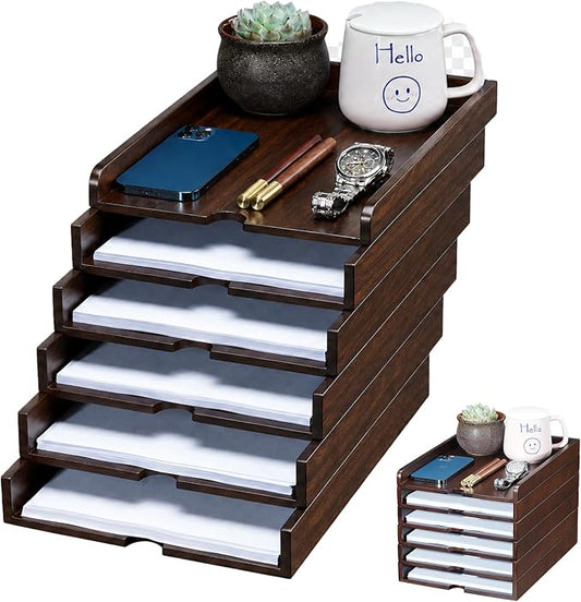 Solid Wood Letter Tray, 6-Tier Pull-Out Paper File & Desk Organizer, Walnut | Stackable Wooden Paper Organizer for A4, Mail & Folders, 5-in-1 Desktop Storage with Tablet Phone Stand for Home Office by GroveMindooOfficeStorage